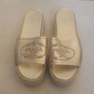 Gold Prada Espadrille Wedges
